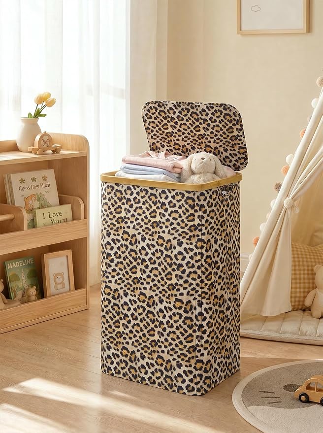 IEGrow Laundry Hamper with Lid,110L Laundry Basket with Bag,Leopard Print | Dirty Clothes Hamper Basket with Bamboo Handle for Clothes Towels Organization