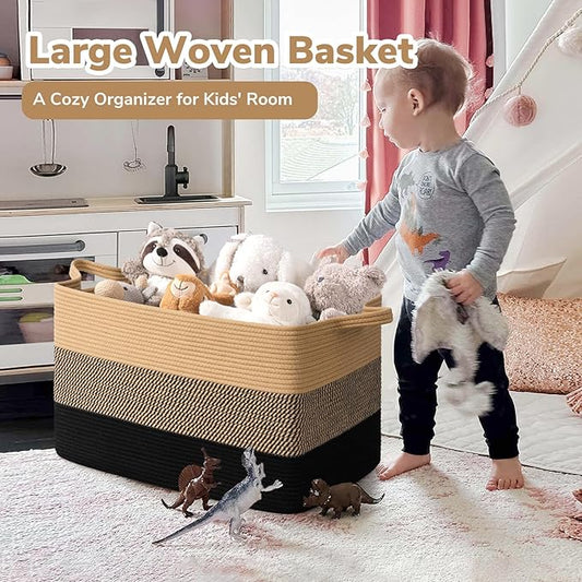 Goodpick Large Woven Blanket Basket 23.6" x 15.7" x 13.8" Cotton Rope Storage Organizer for Dirty Clothes Pillows Toys, Rectangle Wicker Laundry Basket with Handles, Black & Jute Mix
