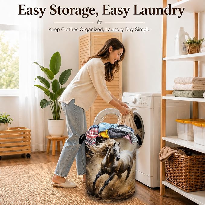 Running White Horse Decorative Laundry Hamper, Tall Foldable Oxford Clothes Basket with Handles, Lightweight Dirty Clothes Holder for Bedroom Bathroom Laundry Room