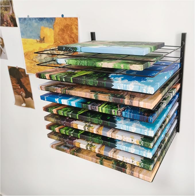 Art Drying Rack for Classroom - No Drill Wall & Fit All Walls Paint Storage System, 10 Removable Shelves 1.57" Apart for Art Studios, Schools
