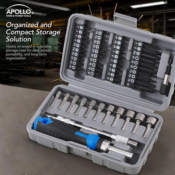 Apollo Tools 54-Piece Screwdriver & Nut Driver Bit Set – Ratcheting Handle, Flexible Extension, Metric Nut Drivers, Specialty Bits for Household, Automotive, & Appliance Repairs, Blue/Gray DT9025