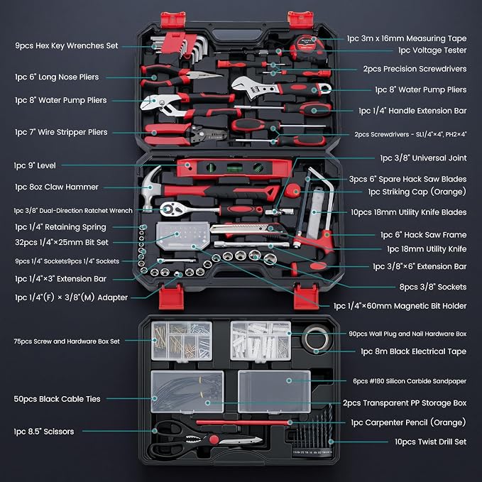 OLIXIS 330 Piece Home Repair Tool Kit with Pull-Out Drawer, Carbon & Cr-V Steel Tool Box, Complete Homeowners Repair Kit for DIY & Auto Maintenance for Home, Black-Red