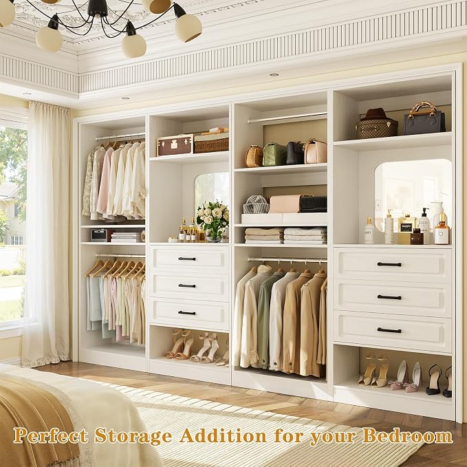 Unikito Closet System with Drawers, 100” Wood Closet Organizer with Hanging Rods and Mirror, Large Walk in Wardrobe Garment Rack with Adjustable Shelves, Sturdy Freestanding Closet Tower, White