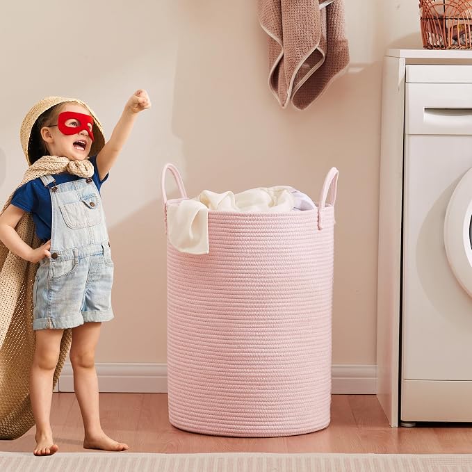 Pink Hamper Laundry Basket for Girls Kids Baby Nursery 60L Large | 15x20 Inches Woven Rope Hamper, Tall Nursery Storage Bin, Kawaii Bedroom Laundry Hamper