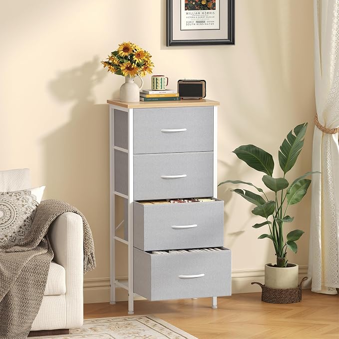 Sweetcrispy 4 Storage Drawer Dresser, Storage Cabinet, Clothes Organizer | Small Fabric Dresser for Closet, Chest of Drawers, Closet Organizer, Home Furniture, Sturdy Frame, Light Gray