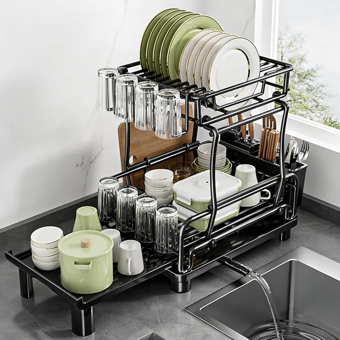 Large 2-Tier Expandable Dish Drying Rack, Heavy Duty Kitchen Countertop Dish Drainer Organizer with Utensil Holder, Extendable Space Saving Plate Storage Rack for Kitchen Sink Counter, Black