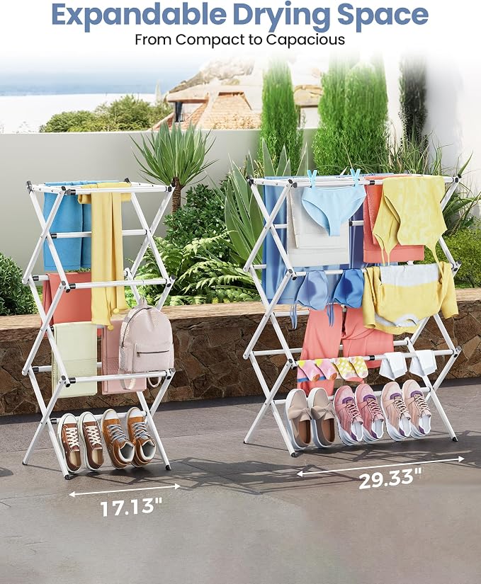 APEXCHASER Oversize 3-Tier Clothes Drying Rack, No Install, White | Expandable Design, Non-slip feet, Tool-free Setup, Rust Prevention, Sturdy Construction, 14.9" D x 29.3" W, Holds 24lbs