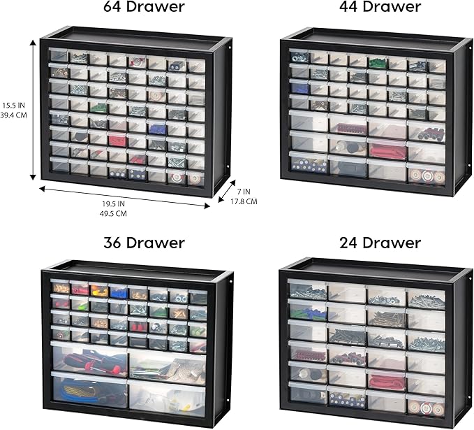 IRIS USA 64-Drawer Screw Organizer, Hardware Storage, Made in USA, Black | Wall mountable, Stackable, Building Bricks, Garage Tool Storage, Art & Craft Supplies, Beads, Gem Stones