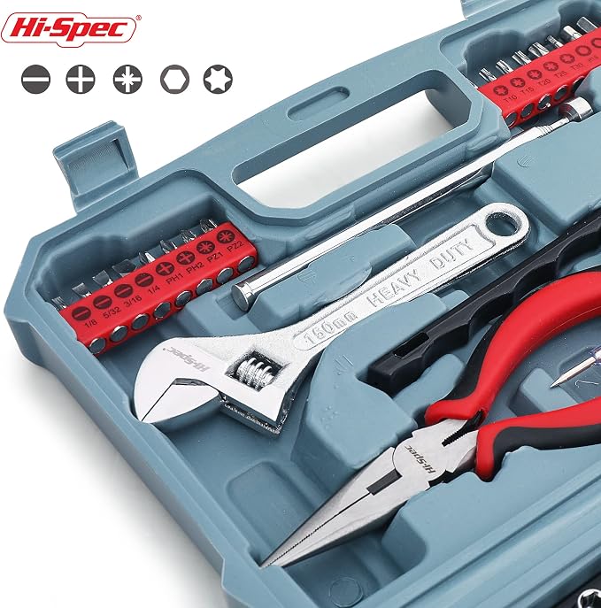 Hi-Spec Compact Auto Garage Tool Kit with Digital Tire Pressure Gauge | 65pc, socket and wrench coverage, roadside fixes, organized box, garage maintenance help, bike and vehicle tasks, quick setup