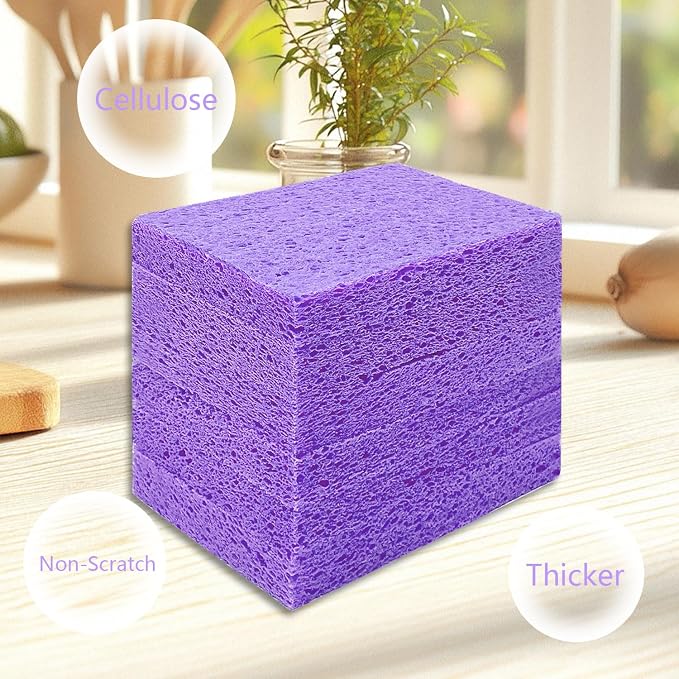 Cellulose Sponges, Large Size 4" x 6" x 1" - Heavy Duty Scrub Kitchen Sponge, Clean Tough Messes Without Scratching Kitchen Cleaning Pads, Pop Up Eco DIY (6 Pack), Purple