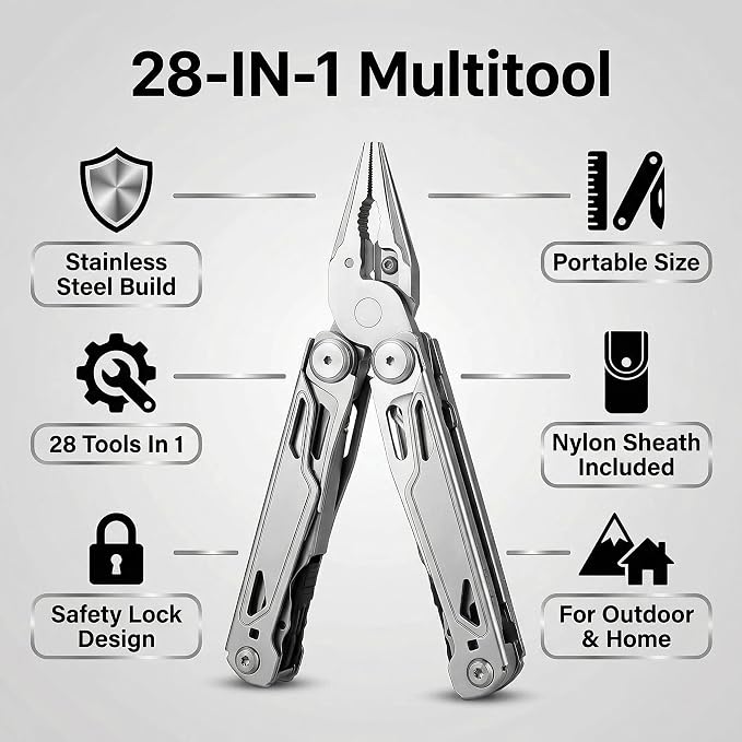 Multitool, 28-in-1 Stainless Steel Multi-Tool with Pocket Knife, Self-locking Pliers, Bottle Opener Professional Multi Tool for Outdoor, Survival, Camping, Hiking, Hunting - Silver