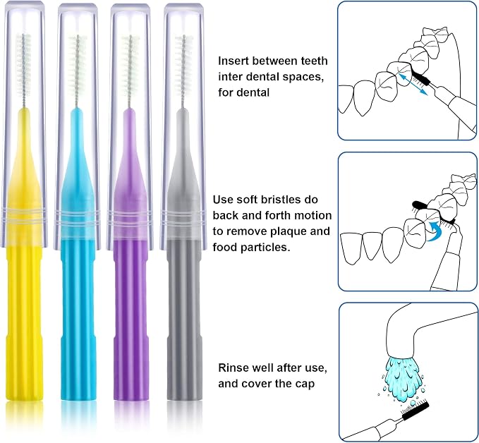 Patelai 100 Count Interdental Brush Set, Soft Braces Cleaner Picks with Cap, Multi Size Teeth Gap Cleaning Tool for Orthodontic Care Bridge Implant Travel Kit(Light Blue, Yellow, Gray, Purple)