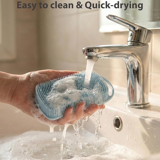 MtBoi 2 PC Silicone Body Scrubber, 2 in 1 Exfoliating Shower Bath Scrubber, Soft Silicone Loofah for Sensitive Skin, Shower Hair Scalp Massager, Easy to Clean, Lather Well (Grey&Blue)