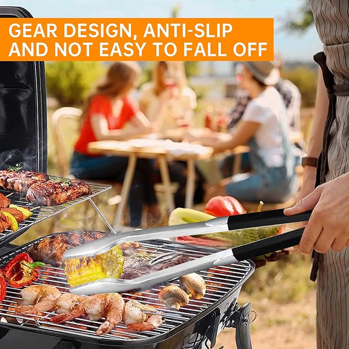 Extra Long BBQ Tongs 17 Inch, Heavy Duty Stainless Steel Grill Tongs with Silicone Grip & Locking Closure Cooking Tongs for Outdoor Grilling Kitchen Hot Grilled Food Dishwasher Safe