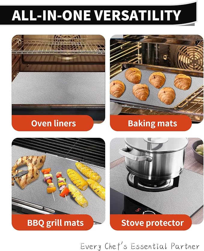 Oven Liners for Bottom of Oven - 2 Pack Large Heavy Duty Oven Mats, 17"x 25" Reusable Matt Liner for Electric, Gas, Toaster Ovens & Grills, BPA & PFOA Free, Kitchen Essentials, Silver