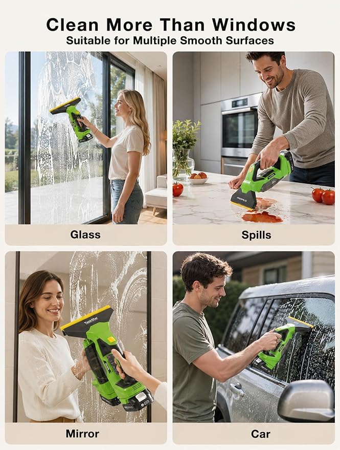 TaskStar Window Vacuum Squeegee Cordless: Electric Window Cleaner Tool with 2000Pa Suction, 2000mAh Detachable Battery, 150ml Water Tank, 11in & 6.7in Blades for Glass, Shower Doors, Mirrors, Tiles