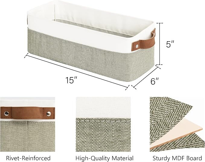 StorageWorks Narrow Storage Bins, Small Basket for Closet and Shelves, Fabric Organizer with Handles, Toilet Paper Storage, Green and White, 2-Pack