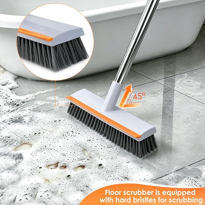 Floor Scrub Brush with 45" Long Handle, 2-in-1 Heavy-Duty Stiff Bristle Scrubber Brush Broom with Scrape Squeegee for Cleaning Bathroom, Shower, Kitchen, Patio, Pool, Garage, Tile, Wall and Deck