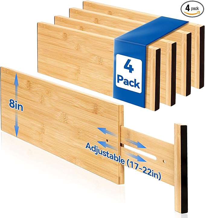 4 Pack Deep Drawer Dividers, 8" High Bamboo Expandable Drawer Organizers, 17-22" Adjustable Tension Separators, Large Drawer Dividers for Kitchen, Bedroom Dresser, Baby Nursery & Bathroom