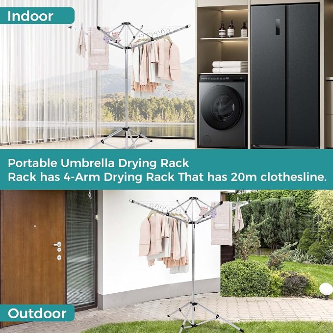 JS Clothes Drying Rack, 65ft Clothesline Freestanding by 4 Legs Collapsible Laundry Rack for Indoor & Outdoor Use, Space-Saving Drying Rack for Bedding & Clothing