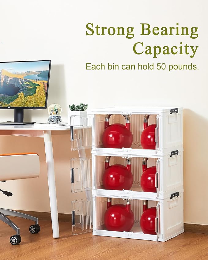 OlarHike 48QT Lockable Storage Bins with Lids - Folding Storage box with Doors & Wheels, Collapsible Plastic Bins for Home, Closets, Dorm, School, Stackable Storage Organizer& Containers, 4 Pack Cubes