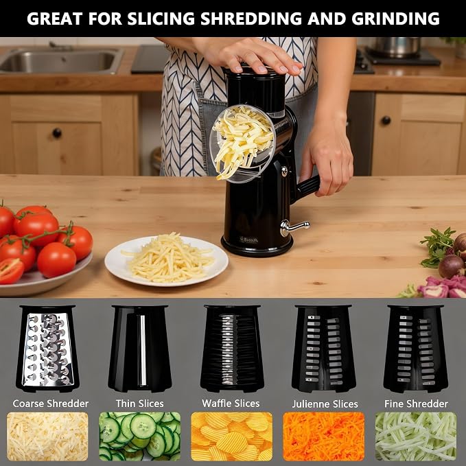 Rotary Cheese Grater with Handle – Includes 5 Stainless Blades and Feature Strong Suction Base – Easy to Clean, Cheese Shredder Hand Crank, Multi-Purpose Slicer (Black)