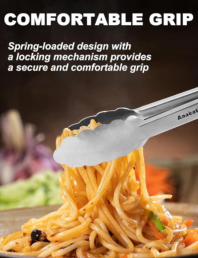 Anaeat Premium Stainless Steel Kitchen Tong, 9" Sturdy Coiled Spring Locking Food Tong with Non-Slip Silicone Grip for Cooking, Baking, Grilling, BBQ - Heat Resistant up to 480°F (Black)