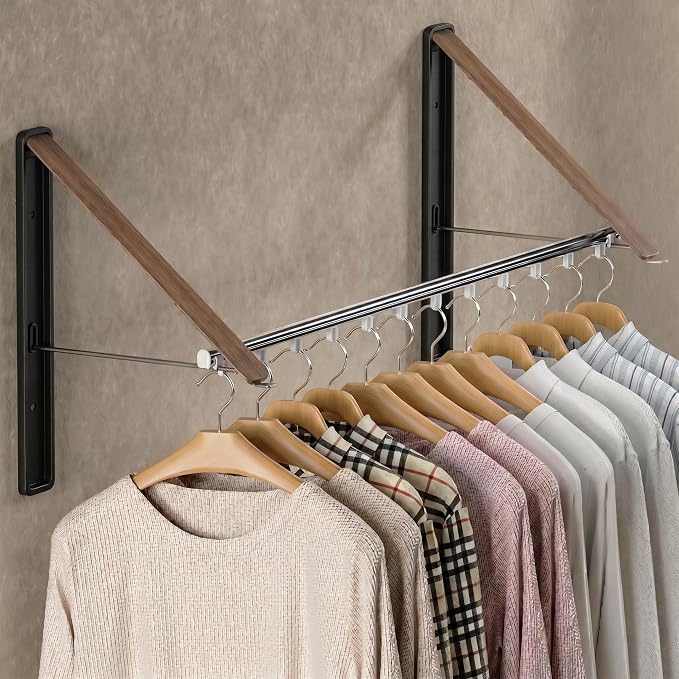 Dr.DJ Clothes Drying Rack with Rod, Wall-Mounted Retractable & Foldable Clothes Hanger for Laundry Room Organization and Storage, Metal Clothes Hanger Rack for Dorm, Closet, Balcony 2Rack, 1Rod Wood