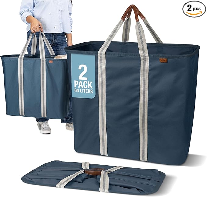 CleverMade LUXE Collapsible Laundry Caddy, 64L, 2 Pack, Navy Noir | Refined fabric and vegan leather details suit open rooms. The structured frame carries 2 loads and folds flat for storage.