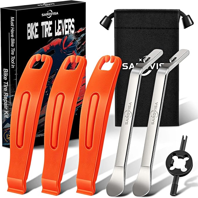 Bike Tire Levers, Bike Tire Tools for Road Mountain Bicycle Tire | Ultra Strong Tire Levers & Stainless Steel Tire Spoons, Great Value Bike Tire Repair Kit with Drawstring Bag & Core Wrench