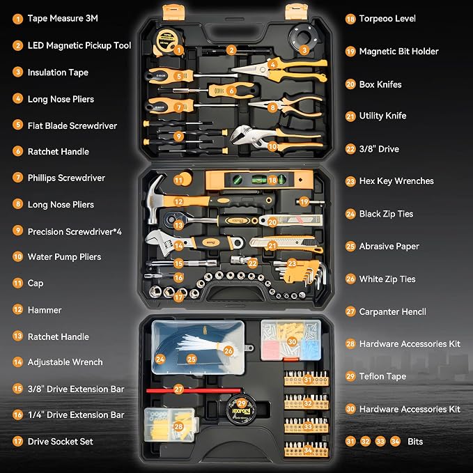 Tool Kit for Home, Basic Tool Set with Magnetic Pickup Tool | For general household and auto repair with storage case and drawer, for homeowners, diy projects, and handyman mechanics