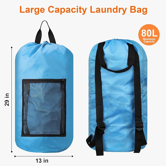 Laundry Bag Backpack Durable Laundry Bag with Shoulder Straps and Mesh Pockets Portable Laundry Hamper Dirty Clothes Bag for College, Travel, Laundromat, Apartment (Blue)