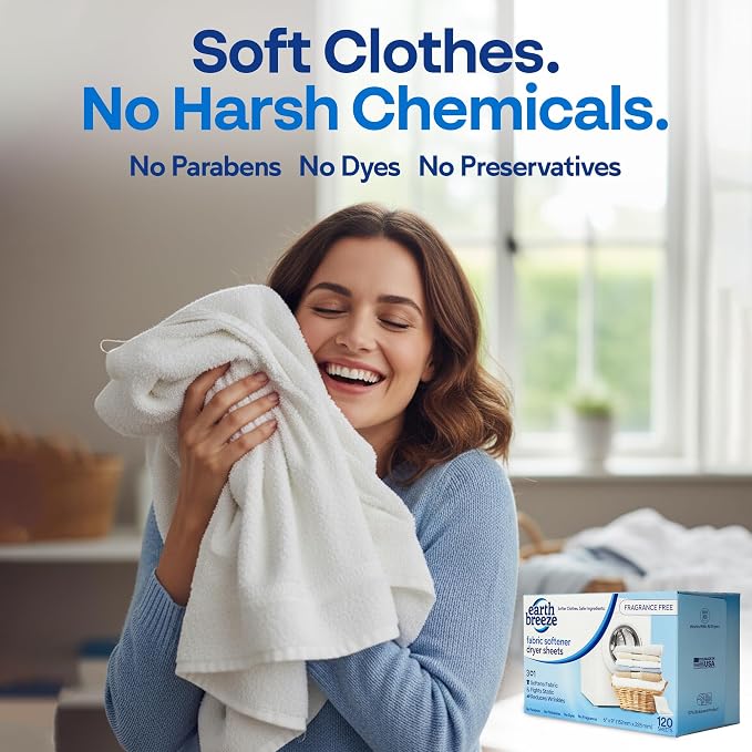 Earth Breeze Fabric Softener Dryer Sheets Fragrance Free (1 Pack) | Hypoallergenic, No Harsh Chemicals, Safe for Sensitive Skin – Static Cling & Wrinkle Reducer – Gentle Fabric Care