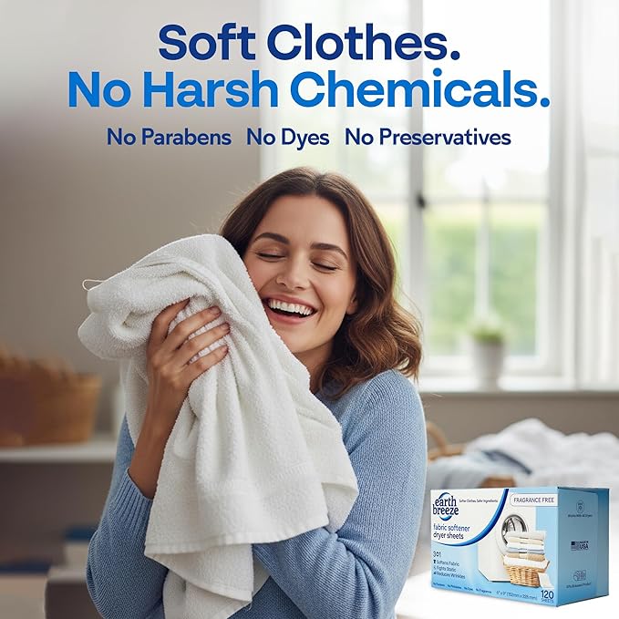 Earth Breeze Fabric Softener Dryer Sheets Fragrance Free (2 Pack) | Hypoallergenic, No Harsh Chemicals, Safe for Sensitive Skin – Static Cling & Wrinkle Reducer – Gentle Fabric Care