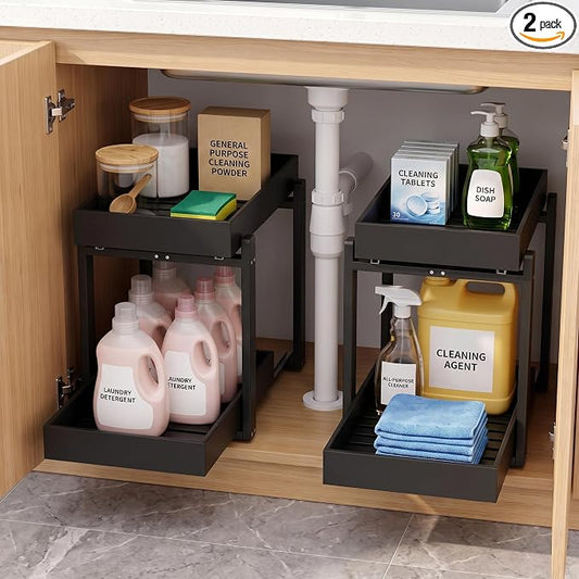 Bamboo Under Sink Organizer and Storage, 2 Pack Pull Out Cabinet Organization, 2 Tier Vertical Slide Out Undersink Storage Shelf, Multi-Purpose Organizer Shelves for Kitchen Bathroom Medicine