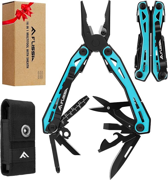 FLISSA 16-In-1 Multi-Tool Pliers, EDC Multitool, Aqua Blue | Gift for Men, Stainless Steel, Pocket Knife, Belt Clip, Oxford Pouch, Safety Locking, For Camping, Survival & Outdoor