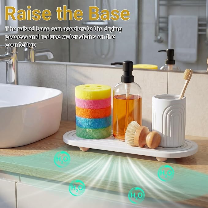 Instant Dry Stone Sink Tray, 11.8x3.9 Water Absorbing Diatomite Stone Tray for Sink with Wooden Feet, Sink Caddy Stone, Kitchen Sink Organizer (White)
