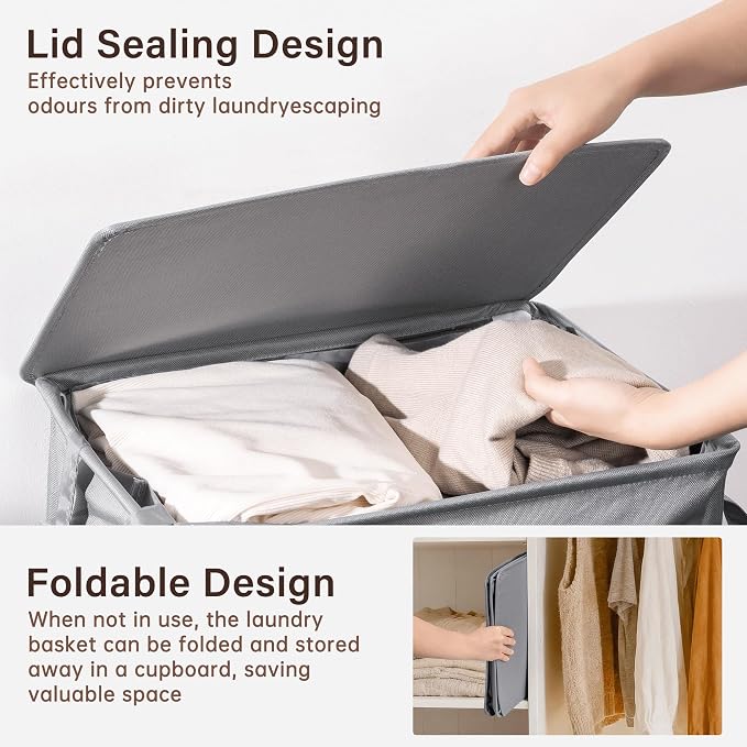 Criusia Laundry Hamper with Lid and Foot Pedal, 100L Fabric Laundry Basket with Removable Mesh Bag, Slim Foldable Design for Bathroom and Laundry Room (Gery)