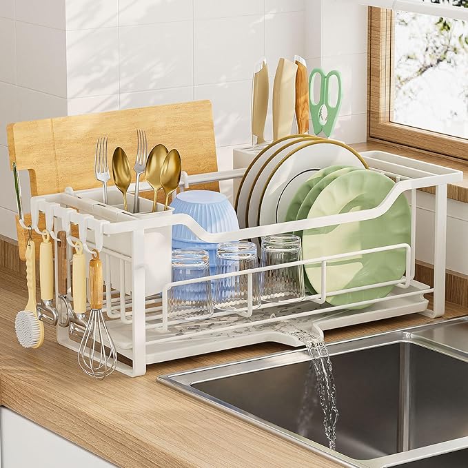 AIDERLY Narrow Dish Drying Rack Dish Drainer, White | Auto Drain, Iron Construction, Removable Cutlery Basket, For Kitchen Counter
