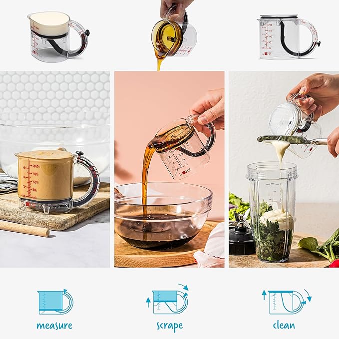 Dreamfarm Upcup All-in-1 Adjustable Measuring Cup, Metric & Imperial Measurements up to 1 Cup - Black/Clear | Measures dry and liquid ingredients and scrapes itself clean, easy-to-read metric and imperial measurements, microwave safe