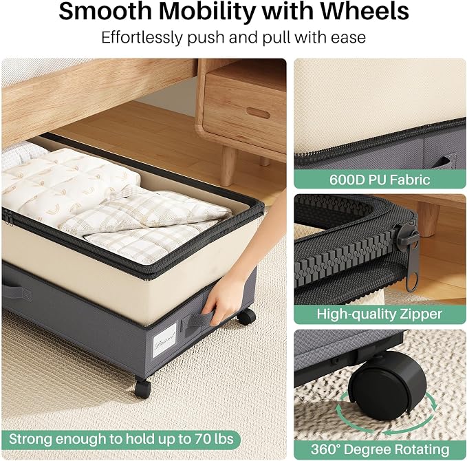 Kitstorack 4 Pack Height-adjustable Under Bed Storage with Wheels, Under Bed Storage Containers,Under Bed Shoe Storage Organizer with Clear Window&Label, Suitable for Clothes Storage, Beige & Gray