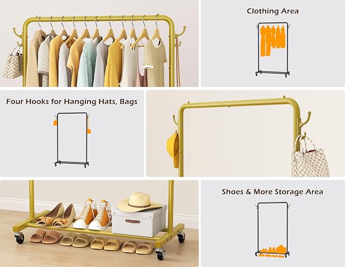 HOMIDEC Clothes Rail, Metal Clothes Rack with 4 Side Hooks, Bottom Storage Shelf and Wheels, Heavy-Duty Clothing Rail Holds Up to 40kg, Clothes Rails for Bedroom, Hallway, Clothing Stores, Golden