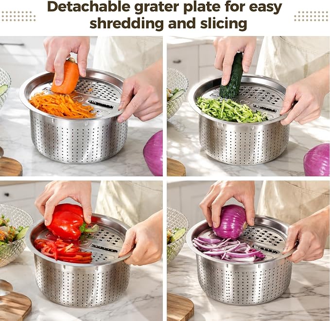 Stainless Steel Salad Spinner Set with Grater and Food Clip, 6L Large Metal Salad Spinner, Fruit Vegetable Dryer with Built-in Drain Spout for Dehydrating Fruit and Vegetable, Pasta (Silver)