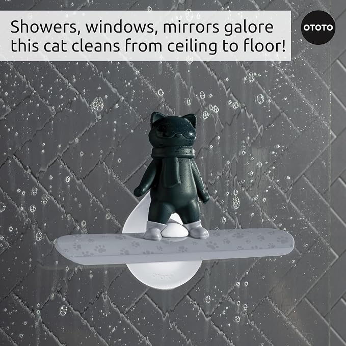 OTOTO Chill Cat Squeegee - Cute Kitchen Accessories, Cute Bathroom Decor, Black Bathroom Accessories, Shower Accessories, Shower Squeegee for Glass Doors, Small Bathroom Squeegee, Cat Gifts