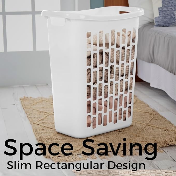 Large Plastic Laundry Hamper, White, Slim Rectangular, Ventilated, 63 Liter, Reinforced Handles, Clothes Basket for Bathroom, Dorm, and Closet