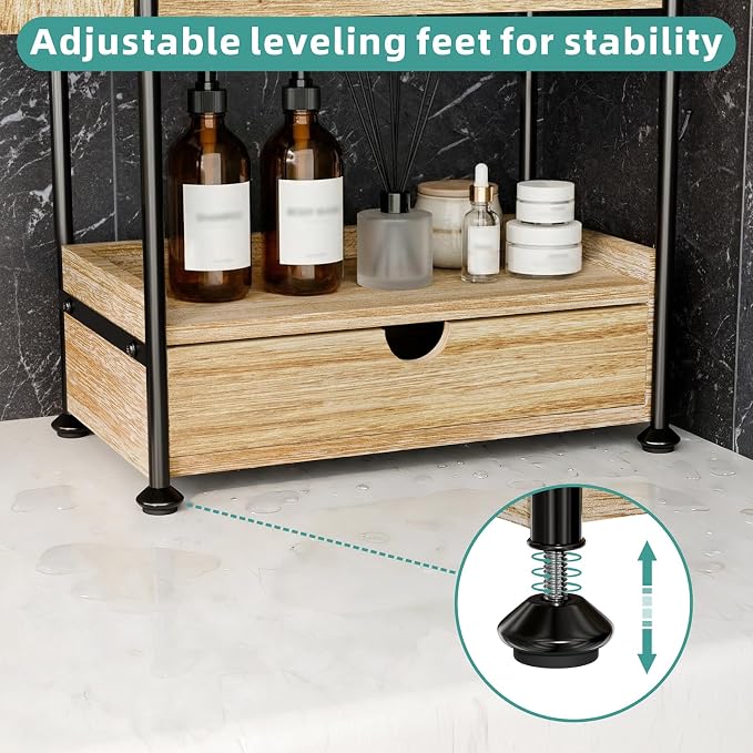 Kottwca 3-Tier Bathroom Counter Organizer with Drawer, Wooden Vanity Skincare Storage Shelf with Thickened Metal Frame, Countertop Shelf with Basket & Hooks for Makeup Organization, Light Brown
