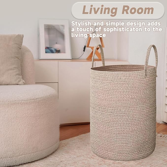 JMvicyroam 100L Cotton Rope Laundry Basket Hamper, Oatmeal | Collapsible laundry basket, reinforced handles, freestanding, machine washable, holds 3-5 thick blankets, clothes or toys