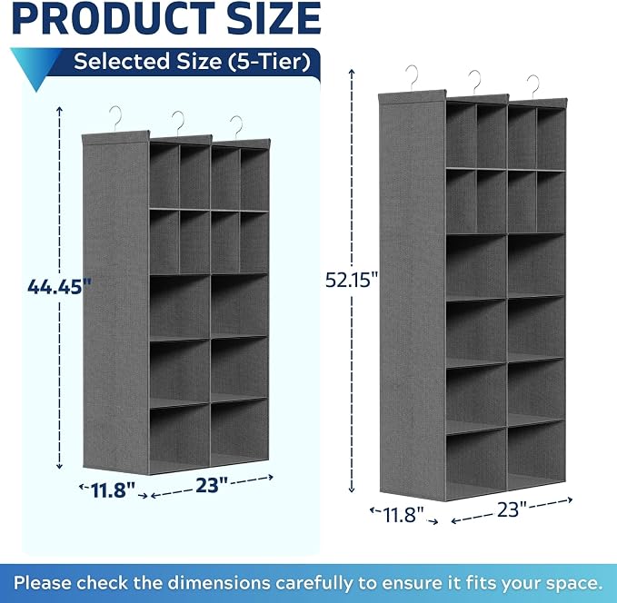 Ofiray-home 5 Tier Hanging Closet Organizer, 14 Compartments Sweater Organizer for Closet with 3 Sturdy Hooks, Closet Organizers and Storage, Wardrobe, Rv, Garment Rack, Grey