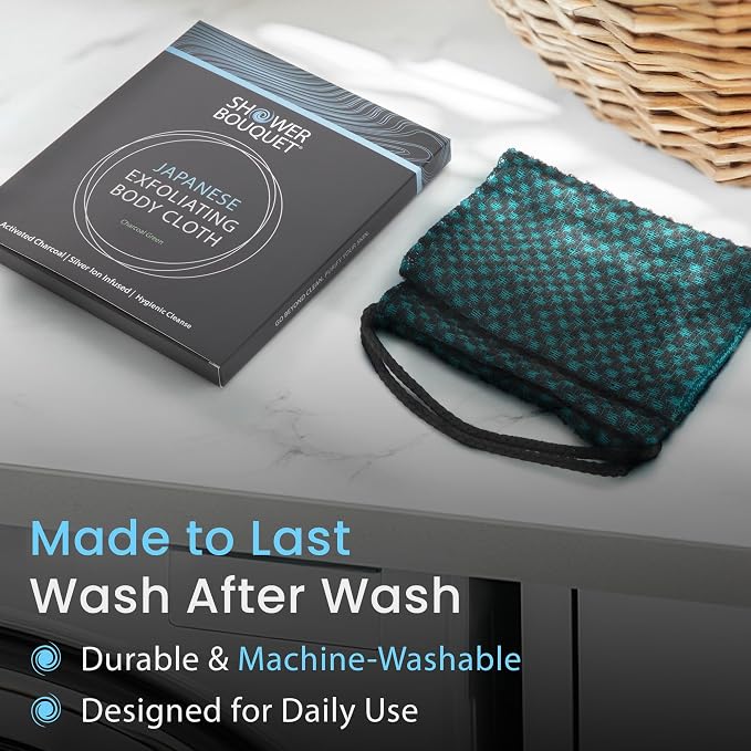 Japanese Exfoliating Washcloth for Back & Body 2-Pack - Charcoal & Silver Ion Exfoliating Towel with Handles - Two-Sided Gentle Exfoliation & Deep Cleanse Body Wash Cloths for Shower - 1 Blue, 1 Green