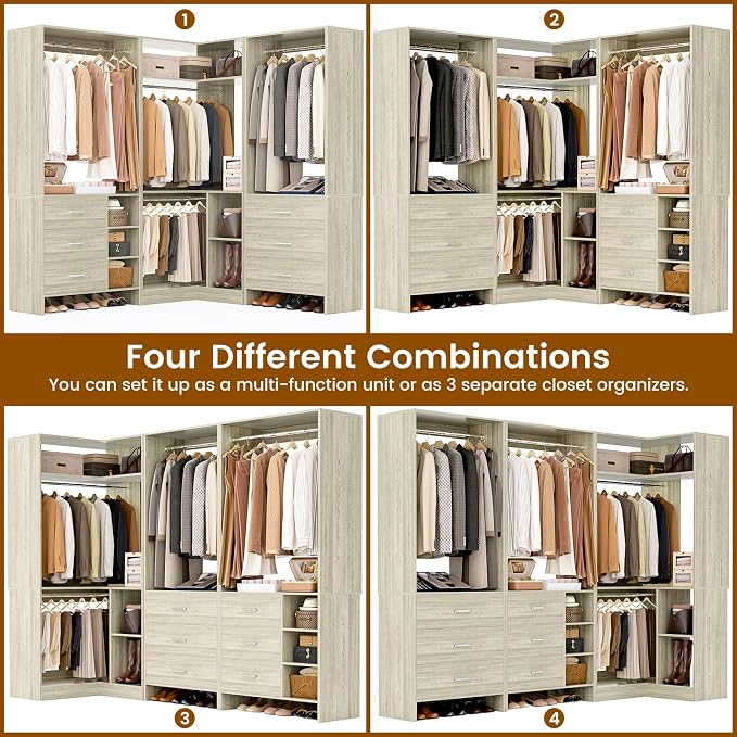 Aheaplus Closet System with 6 Drawers, 4 Hanging Rods & Corner Tower, Corner Closet System with Hanging, 86.8" L-Shaped Walk-In Wardrobe Organizer, 2000+ lbs Capacity, Set of 3, White Oak